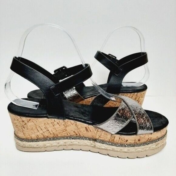 LORA FERRES Patform Wedge Sandals Strappy Black & Silver Sz Eur 38 | US 8 - Picture 9 of 12